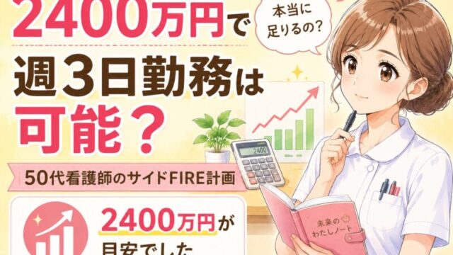 2400万円で週3日勤務を目指す50代看護師のサイドFIREイラスト。